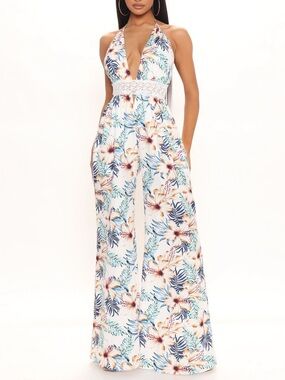 NWOT tropical floral print low back halter jumpsuit-tall-large